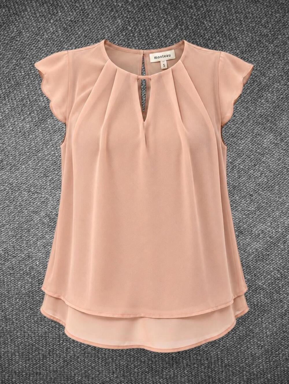 Monteau Blush Pleated Keyhole Flutter Sleeve Blouse S